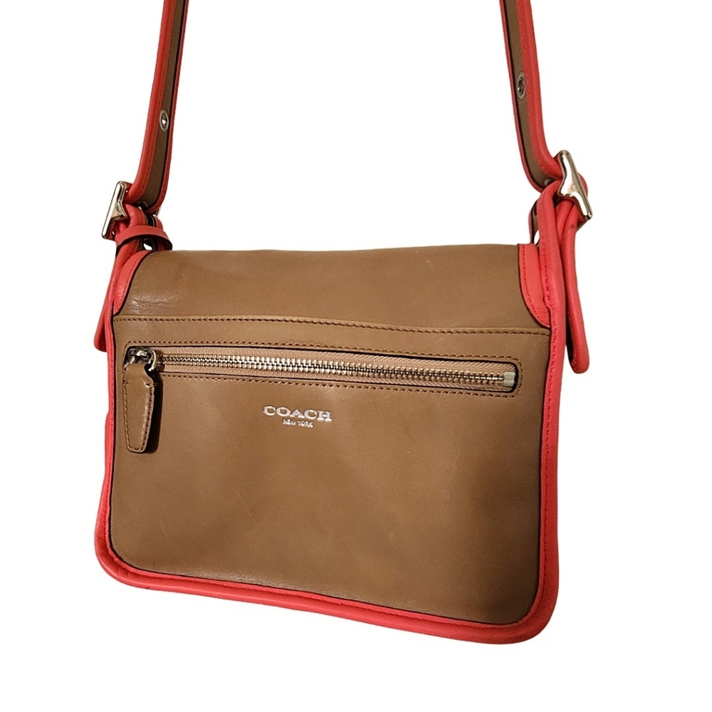 Coach Rambler Tan & Coral Leather Flap Shoulder Bag - Picture 5 of 14